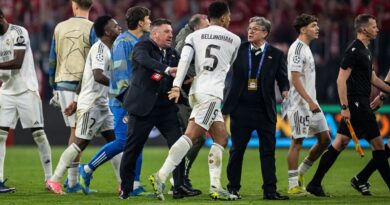 Jude Bellingham forcibly held back from referee as Bayern vs Real ends in chaos | Football | Sport