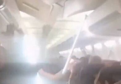 Terrifying moment plane's ceiling collapses as passengers scream in horror