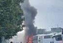 Horror moment Celtic supporters’ bus bursts into flames as firefighters swarm area